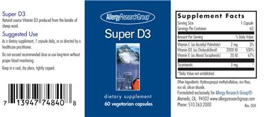Photo of the Allergy Research Group Super D3 label