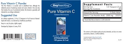 Photo of the Allergy Research Group Pure Vitamin C Powder label