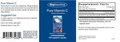 Photo of the Allergy Research Group Pure Vitamin C label