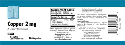 Photo of the Douglas Laboratories Copper 2 mg label