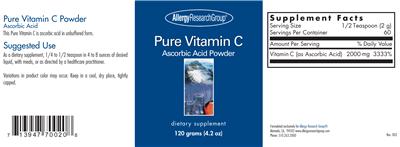 Photo of the Allergy Research Group Pure Vitamin C Ascorbic Acid Powder label