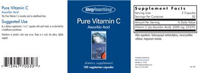 Photo of the Allergy Research Group Pure Vitamin C Ascorbic Acid label