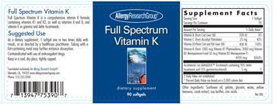 Photo of the Allergy Research Group Full Spectrum Vitamin K label