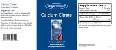 Photo of the Allergy Research Group Calcium Citrate label