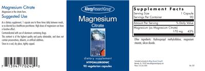 Photo of the Allergy Research Group Magnesium Citrate label