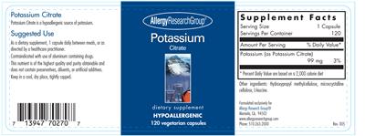 Photo of the Allergy Research Group Potassium Citrate label
