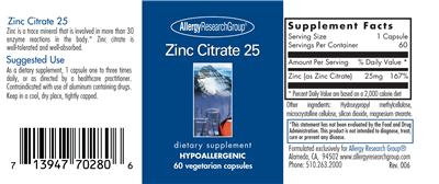 Photo of the Allergy Research Group Zinc Citrate 25 label