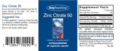 Photo of the Allergy Research Group Zinc Citrate 50 label