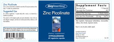 Photo of the Allergy Research Group Zinc Picolinate label