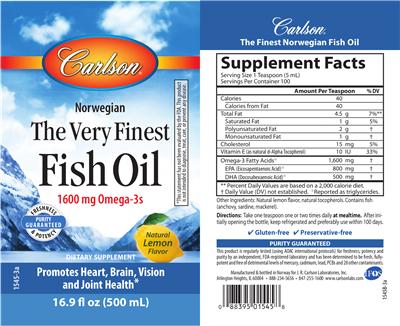 Photo of the Carlson The Very Finest Fish Oil Natural Lemon Flavor label
