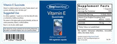 Photo of the Allergy Research Group Vitamin E Succinate label