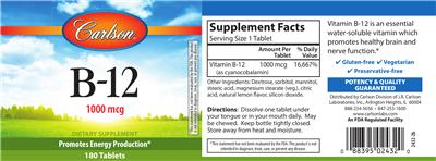 Photo of the Carlson B-12 1000 mcg label