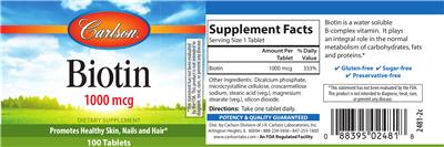 Photo of the Carlson Biotin 1000 mcg label