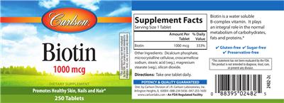 Photo of the Carlson Biotin 1000 mcg label