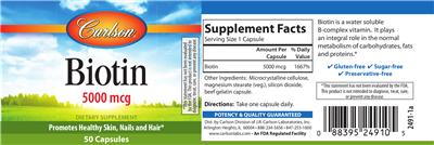 Photo of the Carlson Biotin 5000 mcg label
