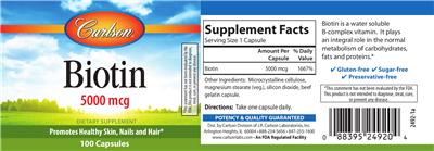 Photo of the Carlson Biotin 5000 mcg label