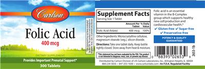 Photo of the Carlson Folic Acid 400 mcg label