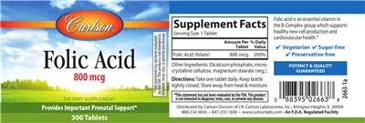 Photo of the Carlson Folic Acid 800 mcg label