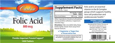 Photo of the Carlson Folic Acid 800 mcg label