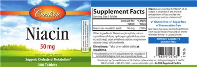 Photo of the Carlson Niacin 50 mg label