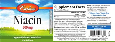 Photo of the Carlson Niacin 500 mg label