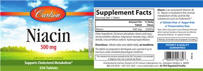 Photo of the Carlson Niacin 500 mg label