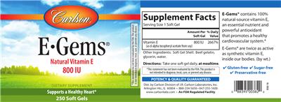 Photo of the Carlson E-Gems 800 IU label