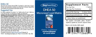 Photo of the Allergy Research Group DHEA 50 label