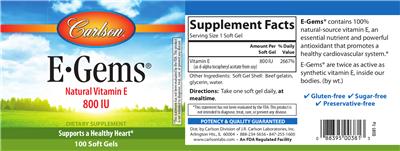 Photo of the Carlson E-Gems 800 IU label