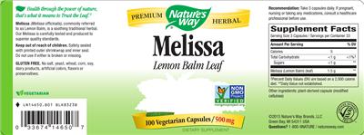 Photo of the Nature's Way Melissa Lemon Balm Leaf label
