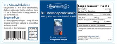 Photo of the Allergy Research Group B12 Adenosylcobalamin 3000 mcg with Folic Acid label