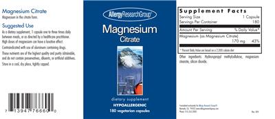 Photo of the Allergy Research Group Magnesium Citrate label