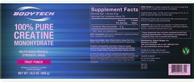 Photo of the BodyTech 100% Pure Creatine Monohydrate Fruit Punch label