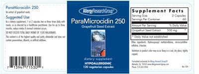 Photo of the Allergy Research Group ParaMicrocidin 250 label