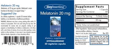 Photo of the Allergy Research Group Melatonin 20 mg label