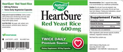 Photo of the Nature's Way HeartSure Red Yeast Rice 600 mg label