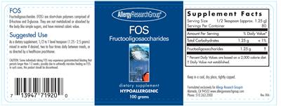 Photo of the Allergy Research Group FOS Fructooligosaccharides label