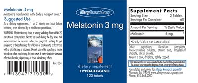 Photo of the Allergy Research Group Melatonin 3 mg label