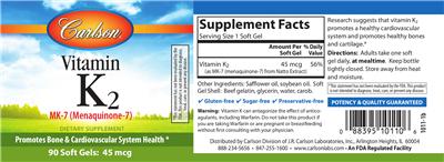 Photo of the Carlson Vitamin K2 MK-7 (Menaquinone-7) label