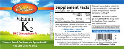 Product label for Vitamin K2 MK-7 (Menaquinone-7) 45 mcg