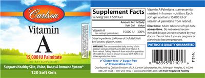 Photo of the Carlson Vitamin A 15,000 IU Palmitate label