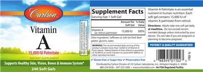 Photo of the Carlson Vitamin A 15,000 IU Palmitate label