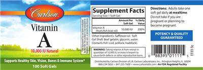 Photo of the Carlson Vitamin A 10,000 IU Natural label