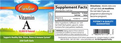 Photo of the Carlson Vitamin A 10,000 IU Natural label