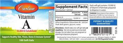 Photo of the Carlson Vitamin A 10,000 IU Solubilized label