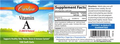 Photo of the Carlson Vitamin A 25,000 IU Natural label