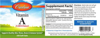 Photo of the Carlson Vitamin A 25,000 IU Natural label