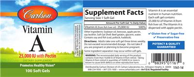 Photo of the Carlson Vitamin A 25,000 IU with Pectin label