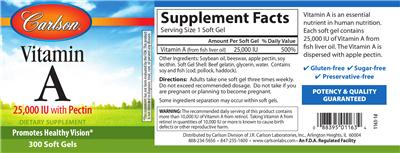 Photo of the Carlson Vitamin A 25,000 IU With Pectin label