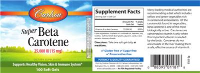Photo of the Carlson Super Beta Carotene 25,000 IU (15 mg) label